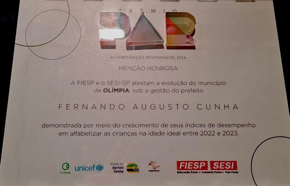 Olímpia recebe selo “Ouro” do Compromisso Nacional com a Alfabetização