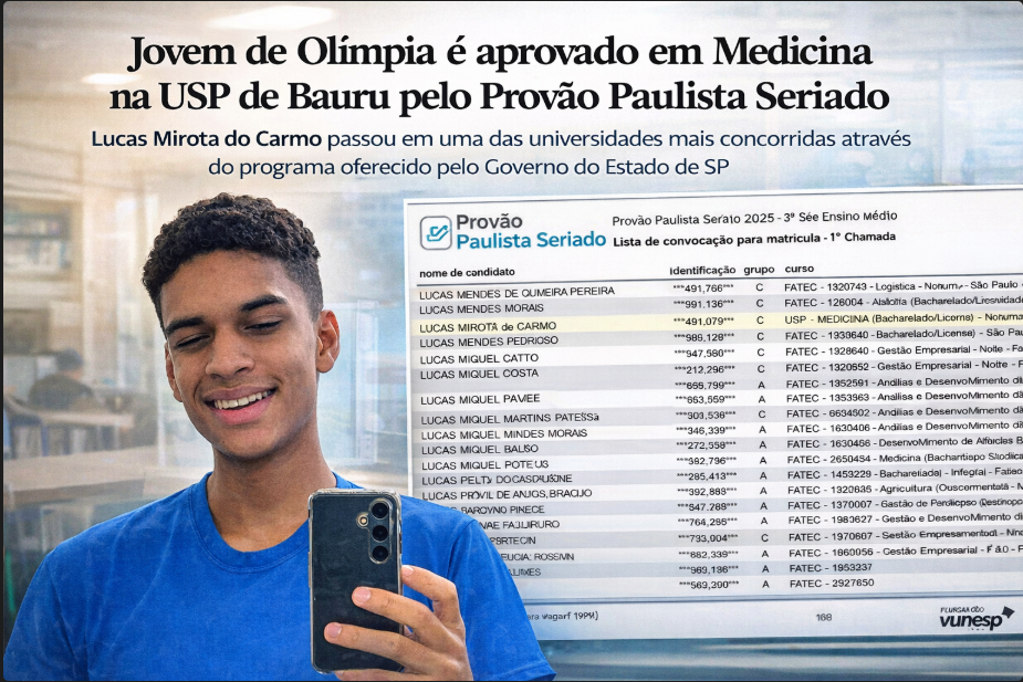 Jovem olimpiense é aprovado em Medicina na USP de Bauru pelo Provão Paulista Seriado